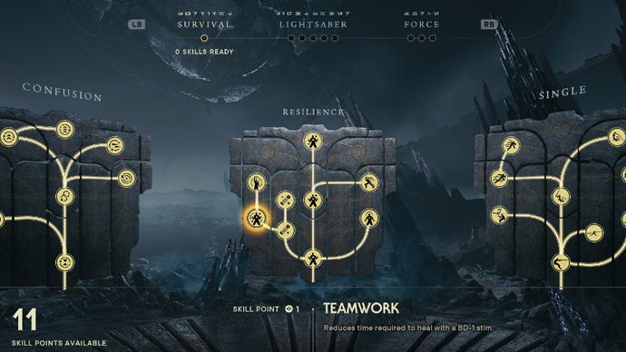 Star Wars Jedi Survivor screenshot showing the skill tree with Teamwork highlighted.