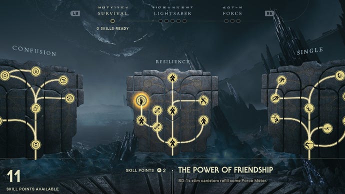 Star Wars Jedi Survivor screenshot showing the skill tree with The Power of Friendship highlighted.