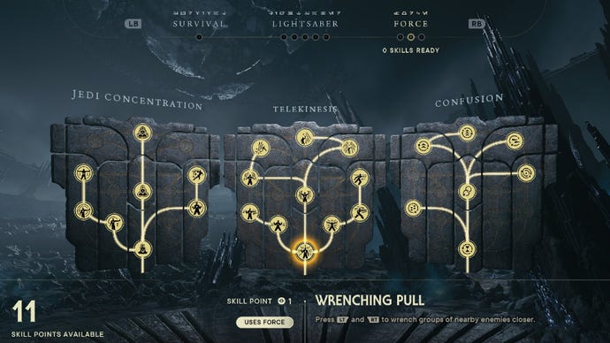 Star Wars Jedi Survivor screenshot showing the skill tree with Wrenching Pull highlighted.