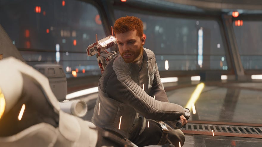 Jedi Survivor image showing Cal slicing a stormtrooper with his yellow lightsaber.