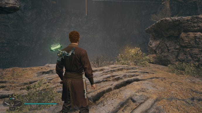 Star Wars Jedi Survivor screenshot showing Call staring at a Cactus Ball plant glowing with fireflies.