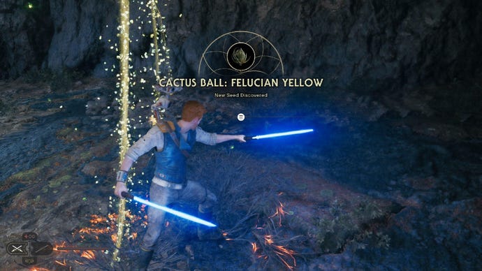 Star Wars Jedi Survivor screenshot showing Cal picking up a Cactus Ball with his lightsaber drawn.