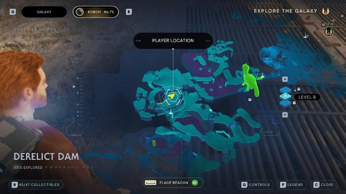 Star Wars Jedi Survivor screenshot showing the location of a priorite shard on the map.