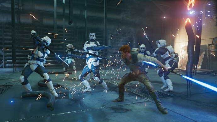 Cal Kestis battles a group of Stormtroopers in Star Wars Jedi: Survivor.