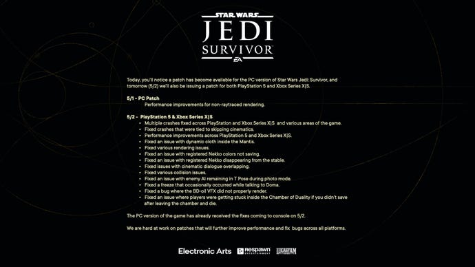 Black screen with list of fixes for Star Wars Jedi Survivor