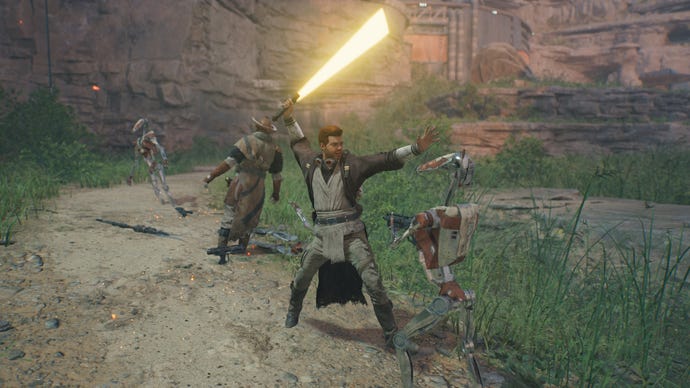 A Star Wars Jedi: Survivor photo mode shot, showing a (now patched) glitch where dead enemies become suspended in mid-air.