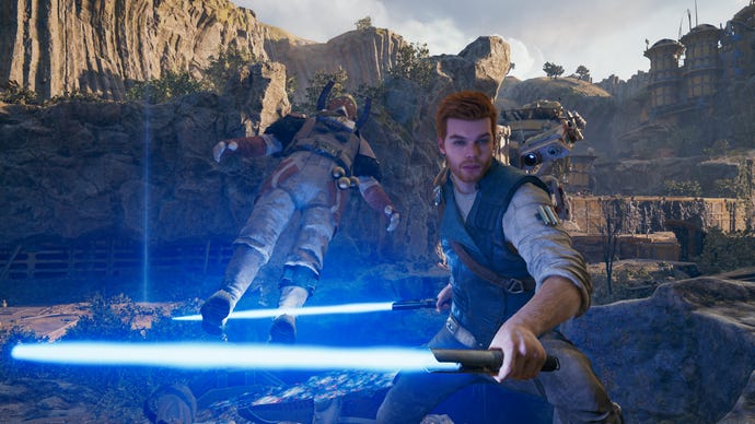 Une prise de vue en mode photo Star Wars Jedi: Survivor, montrant un problème (maintenant corrigé) où les ennemis morts sont suspendus dans les airs.