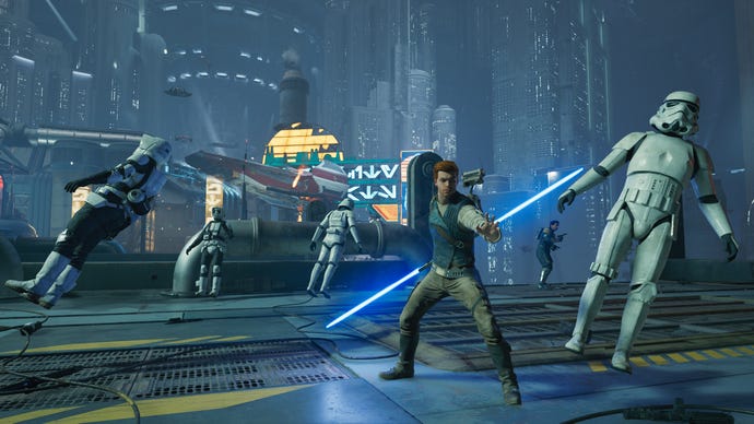 A Star Wars Jedi: Survivor photo mode shot, showing a (now patched) glitch where dead enemies become suspended in mid-air.