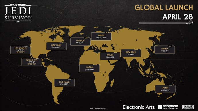 世界地圖顯示了《星球大戰絕地武士：各個地區的倖存者》的發行時間。