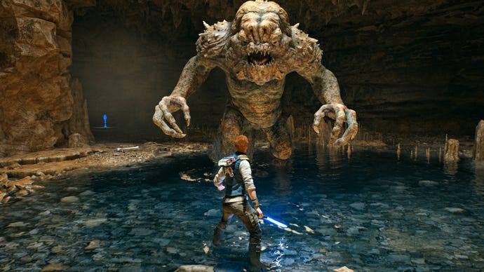 Cal faces a big beast in a cave in a screenshot from Star Wars Jedi Survivor
