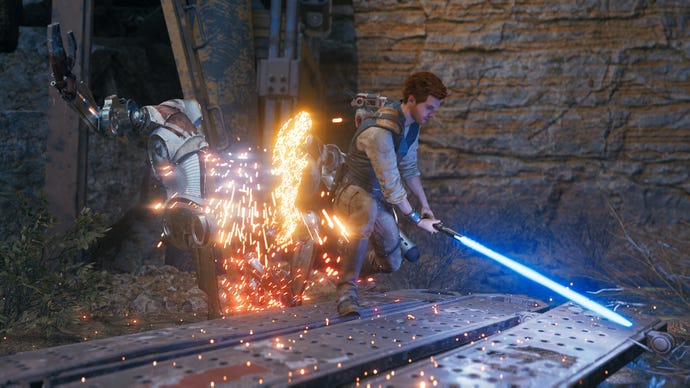 Cal Kestis Coupe Un Droïde En Deux Avec Son Sabre Laser Dans Star Wars Jedi : Survivor.