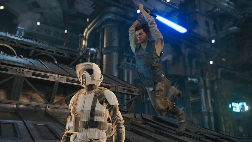 Cal Kestis launches a leaping sneak attack on a Scout Trooper in Star Wars Jedi: Survivor.