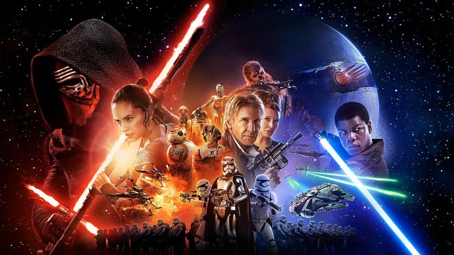 Star Wars The Force Awakens key artwork featuring all cast, including Han Solo, Rey, Finn, Kylo Ren, Leia, Captain Phasma, Chewbacca, and Storm Troopers