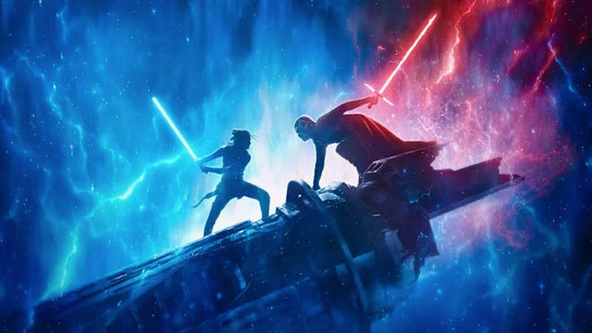 Star Wars The Rise of Skywalker, a silhouette of Rey in front of a blue background holding a blue lightsaber while facing off against Kylo Ren against a red background holding a red lightsaber sword