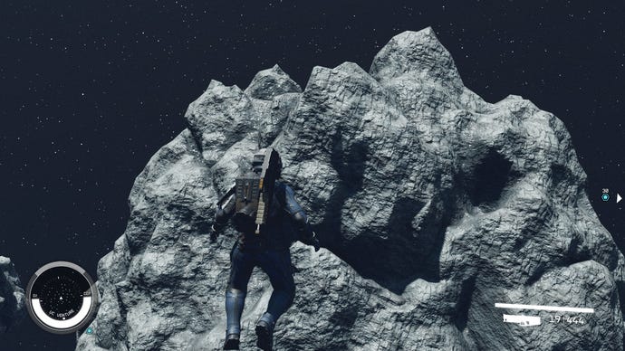 Ein Weltraumspaziergang in Starfield mit einem riesigen Asteroiden im Vordergrund