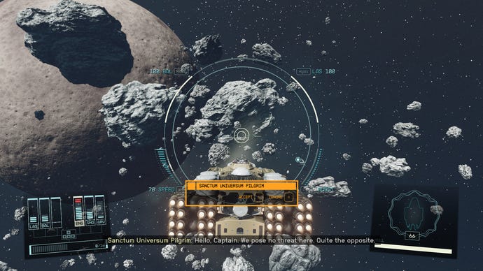 Das Schiff des Spielers navigiert durch ein Asteroidenfeld in Starfield