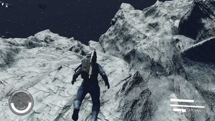 Der Spieler begibt sich in Starfield auf einen Weltraumspaziergang zur Oberfläche eines Asteroiden.