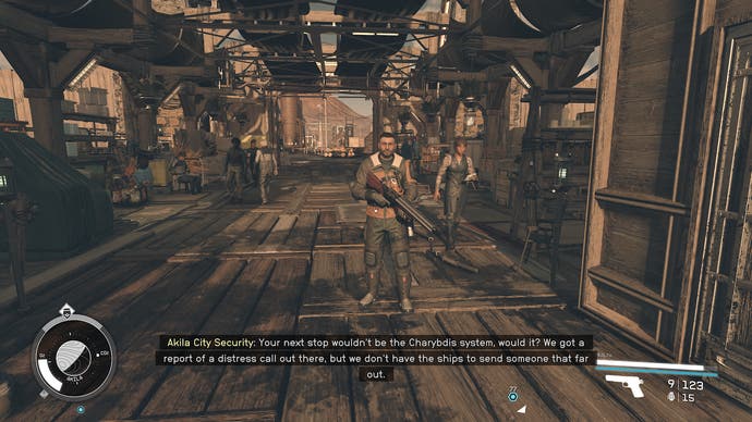 A screenshot of some dialogue coming from a guard at the entrance to Akila City about a distress signal from a planet in the Charybdis system.