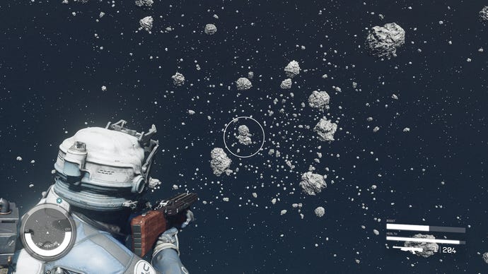 A Starfield player in deep space, having been launched far away from their ship after entering a console command that multiplies their speed.