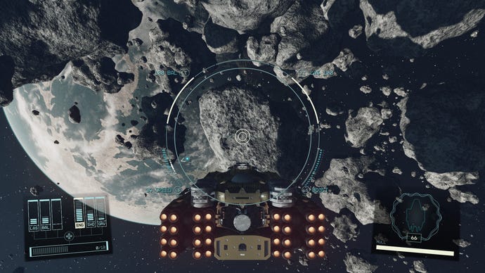 A spaceship in an asteroid field in Starfield.