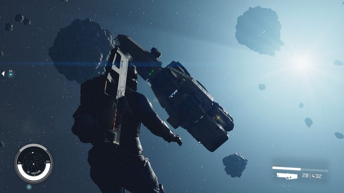 A Starfield player floating in space towards another ship