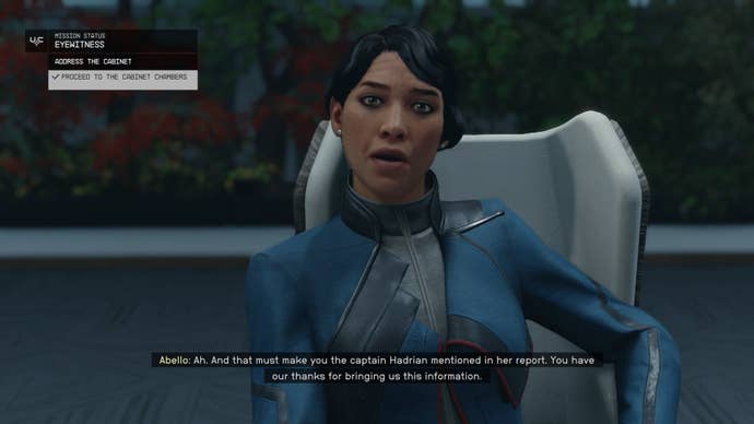 The player speaks to Abello in the Cabinet Chambers of the MAST building in Starfield