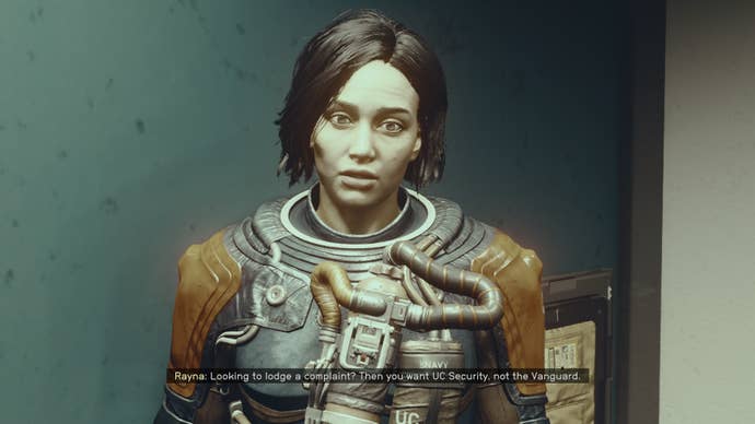 The player speaks with UC Vanguard head, Captain Marquez, in The Den in Starfield