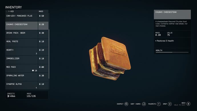 The vendor screen for Chunks cheesesteak in Starfield