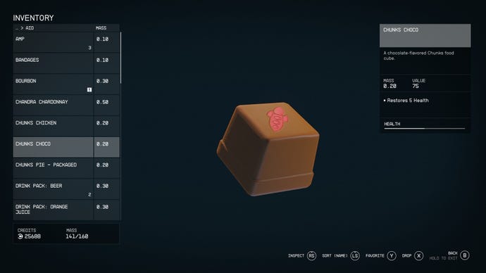 The vendor screen for Chunks chocolate in Starfield