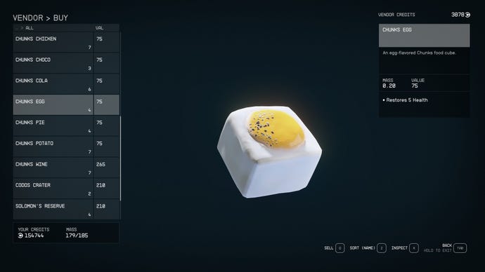 The vendor screen for buying a Chunks egg in Starfield