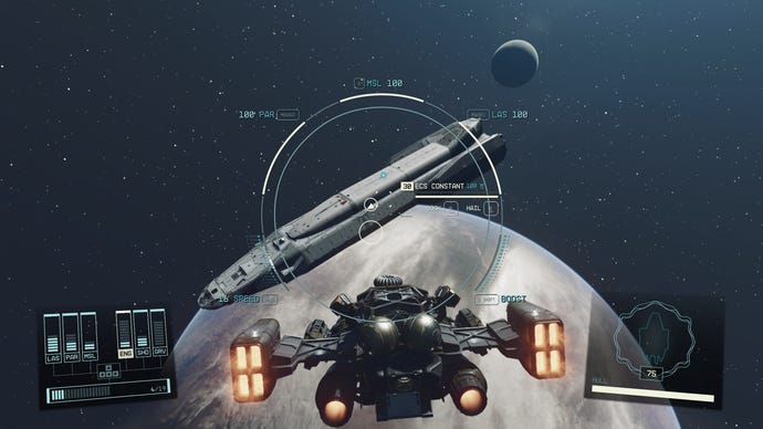 Approaching the stranded ECS Constant spaceship in Starfield.