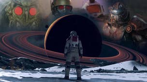 A spaceman from Starfield stands at the foot of a ringed planet, and the shadows of mothman, a courier, and two power armour figures from Fallout 76 loom above them.