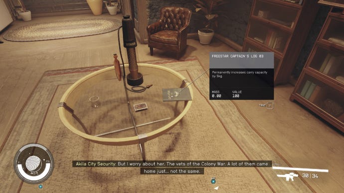 Starfield image showing a player staring at a skill book on a table.