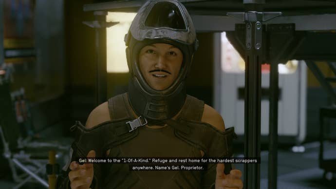 The player speaks with Gel in the 1-Of-A-Kind-Salvage garage in Starfield