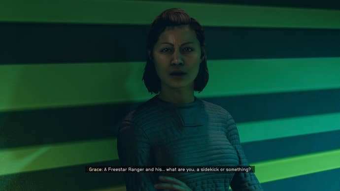 The player speaks with Grace Early in Madame Sauvage's Place in Starfield