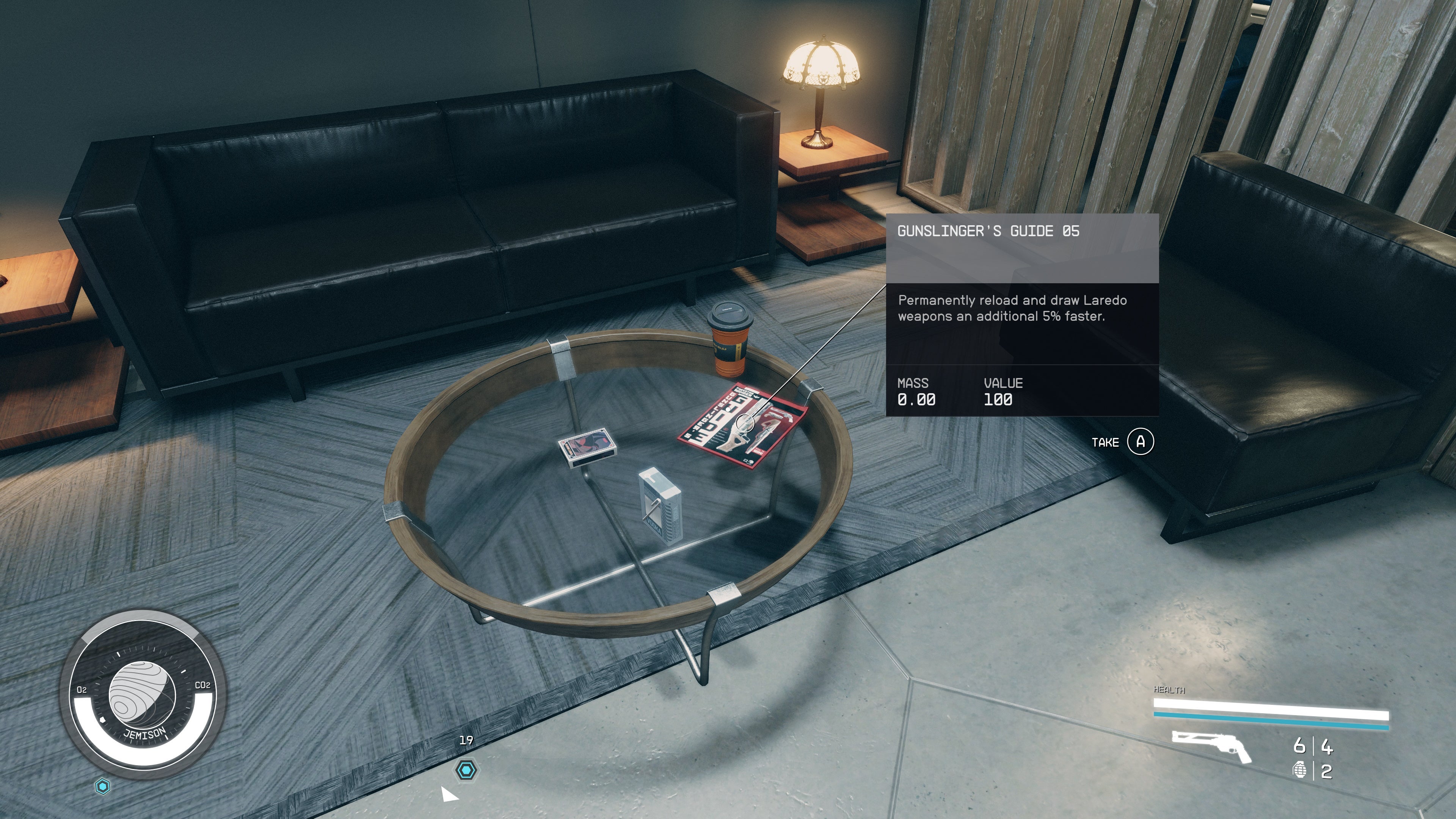 丸いガラスのコーヒーテーブルの上にあるガンスリンガーガイドスキルブックの一人称視点