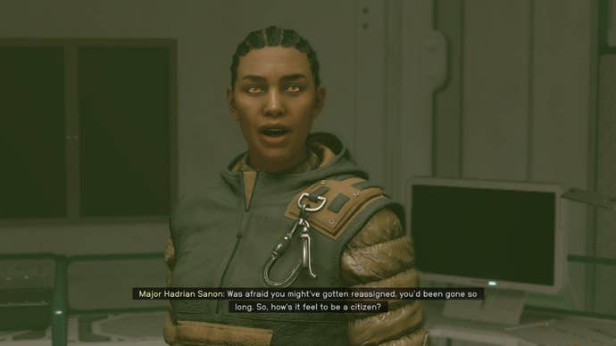 The player speaks with Hadrian about having found her research team in Starfield