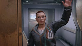 Starfield image showing a player character waving at the camera, stood in front of an elevator.