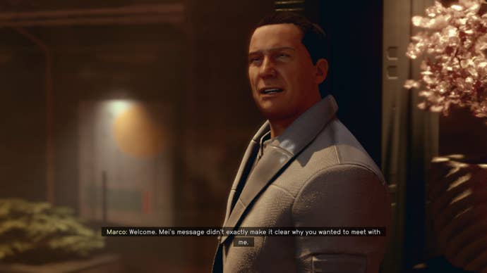 The player speaks with senior First mercenaries member, Marco, aboard his ship in Starfield