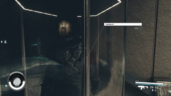 The player looks toward a cabinet in the basement of the Lodge in Starfield, which contains the Mark I spacesuit, helmet, and pack