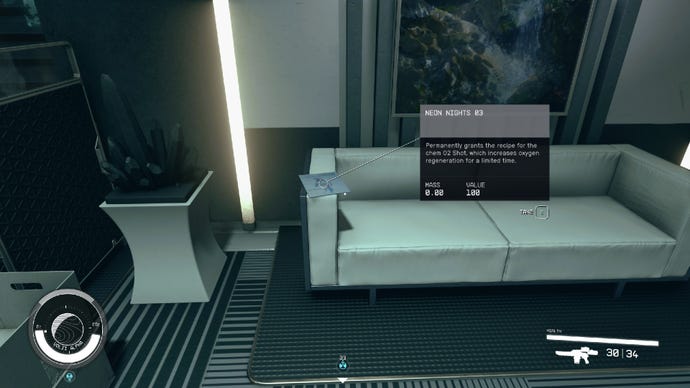Starfield image showing a player staring at a skill book on a sofa.