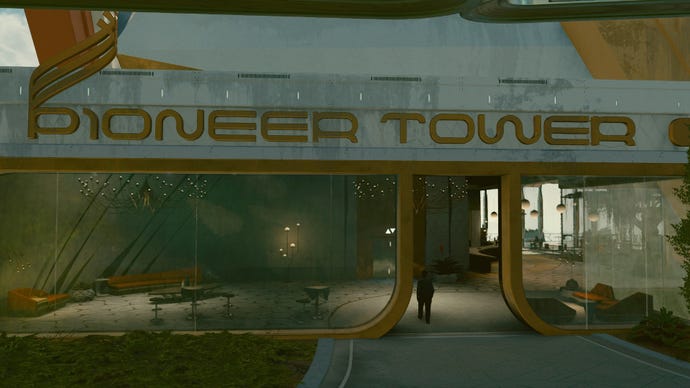 Starfield image showing the entrance to Pioneer Tower in New Atlantis.