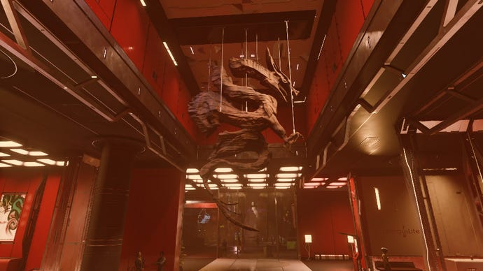 Вестибюль Башни Рюдзин в Звездном поле, где с потолка свисает фигура дракона