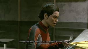 The player speaks to Neshar's contact, Robie, in the break room of Xenofresh Fisheries in Starfield