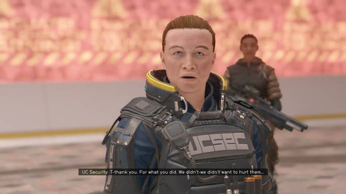 The player speaks with UC Security outside of the MAST building in Starfield