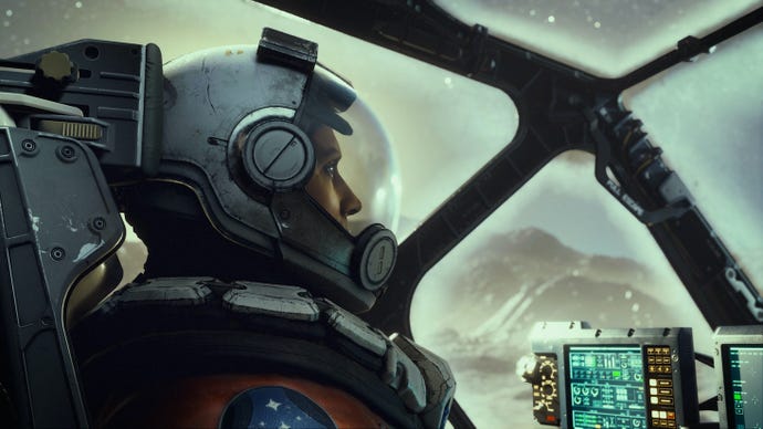 Artwork for Starfield that shows an astronaut sitting in profile inside a space ship