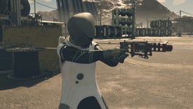 Starfield image showing a player in Mantis armor holding the Keelhauler pistol.