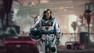 The Cyberneticist character from Starfield on top of a blurred Cyberpunk 2077 background.