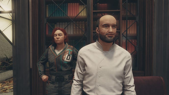 A red-haired woman standing next to her father in Starfield
