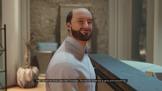 A balding man looks at the player sitting sideways in Starfield